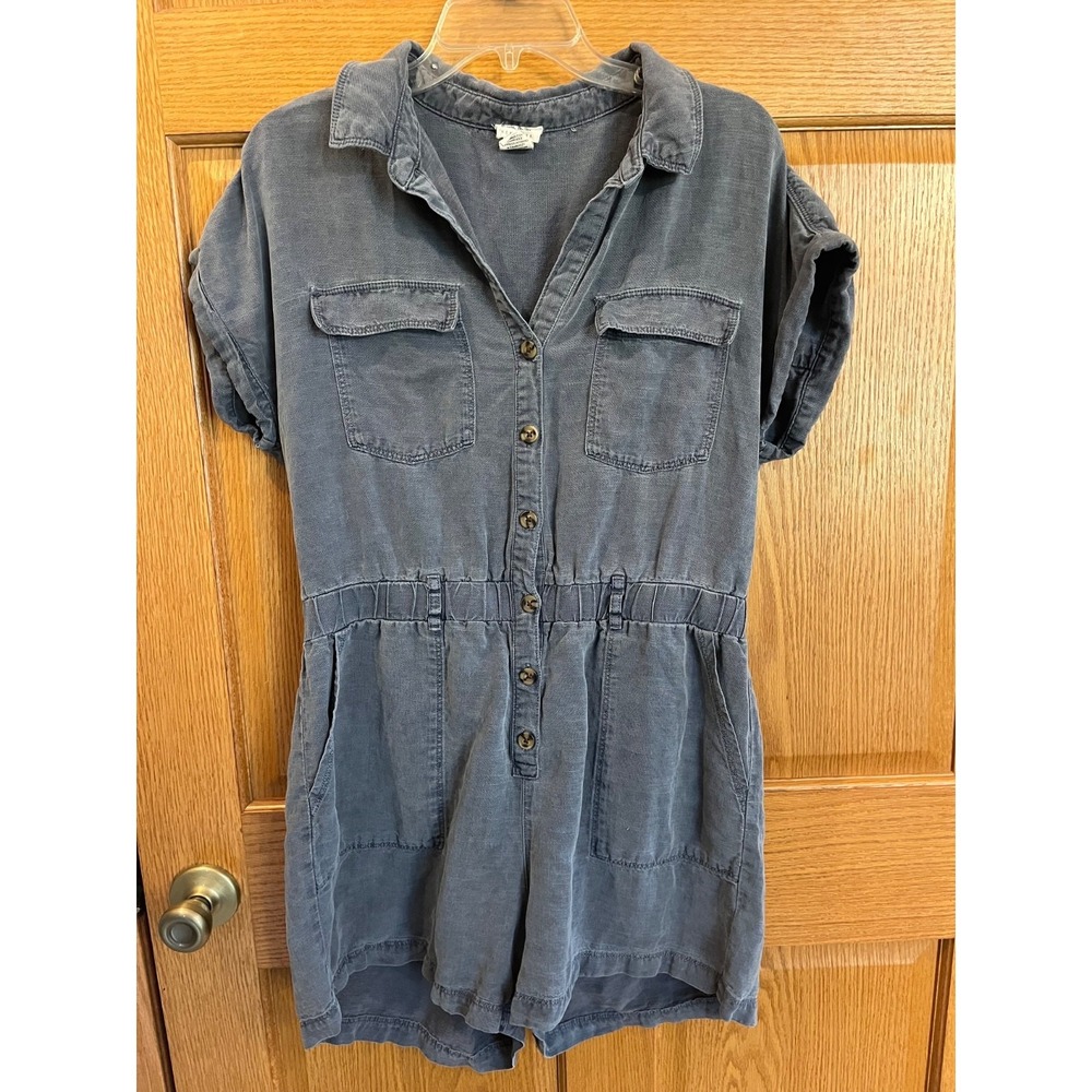 Nicole Miller Romper Womens Slate Blue Linen Blend Utility Button Front WomensL